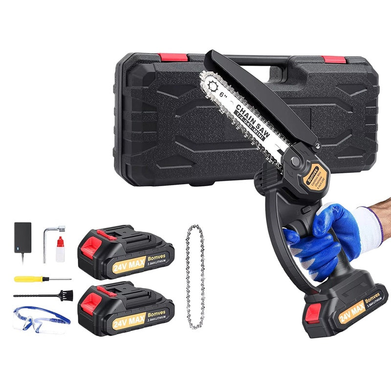 Mini chain saw cordless power chain saw side view with metal body