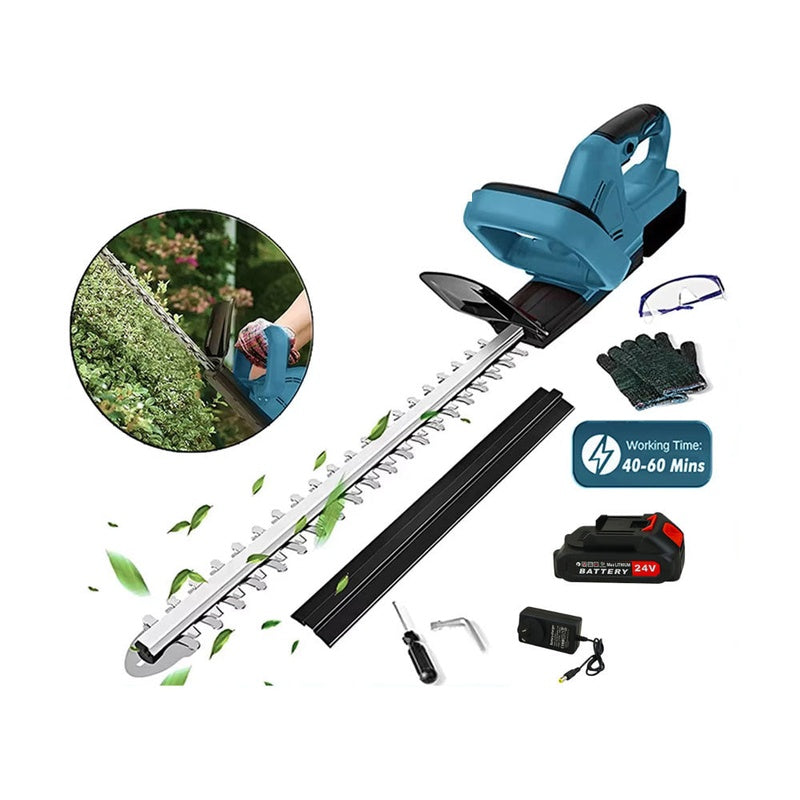 Cordless hedge trimmer 22 inch showing dual-action blades