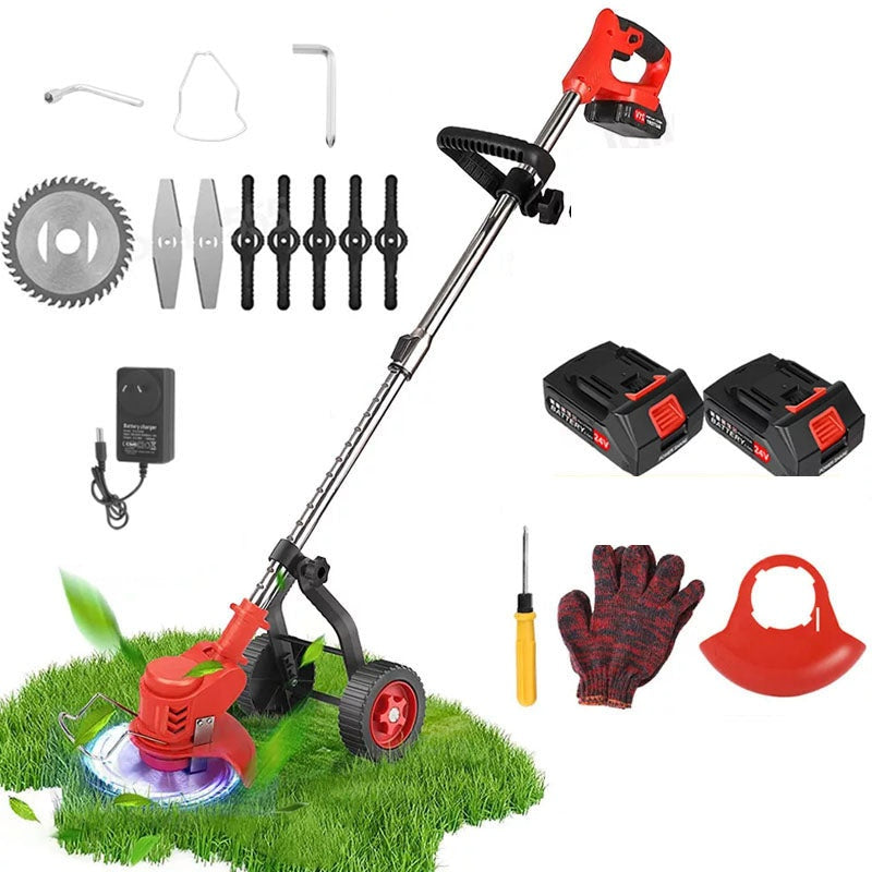 Lawn Mower Cordless side view showing aluminium and plastic body