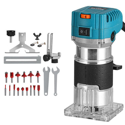 Wood router tool showing aluminium body and compact design