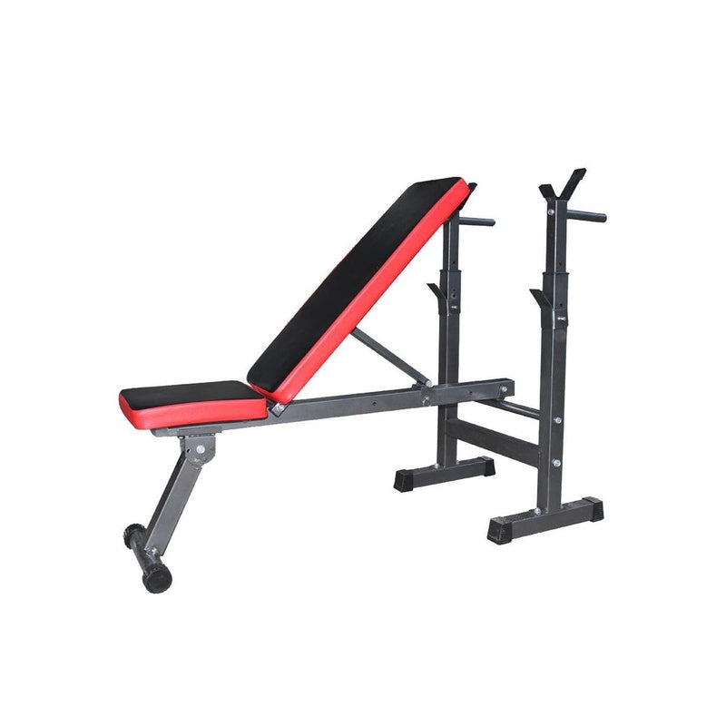 Adjustable weight bench showing padded faux leather seat in black