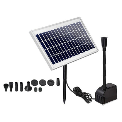 Solar water fountain showing solar panel and pump setup