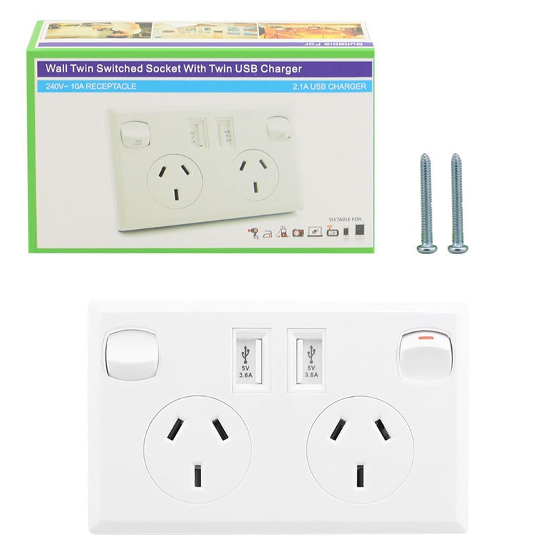 Double power point wall socket with USB front view in white