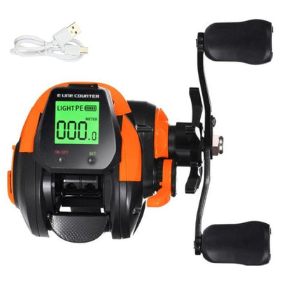 Fishing reel side view showing orange aluminium alloy body