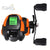 Fishing reel side view showing orange aluminium alloy body
