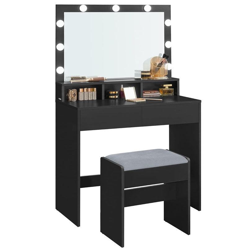 Dressing table with mirror in cloud black showing large illuminated mirror