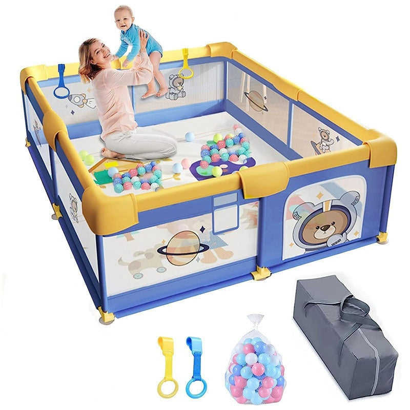 Portable playpen fence gate showing blue and yellow colours