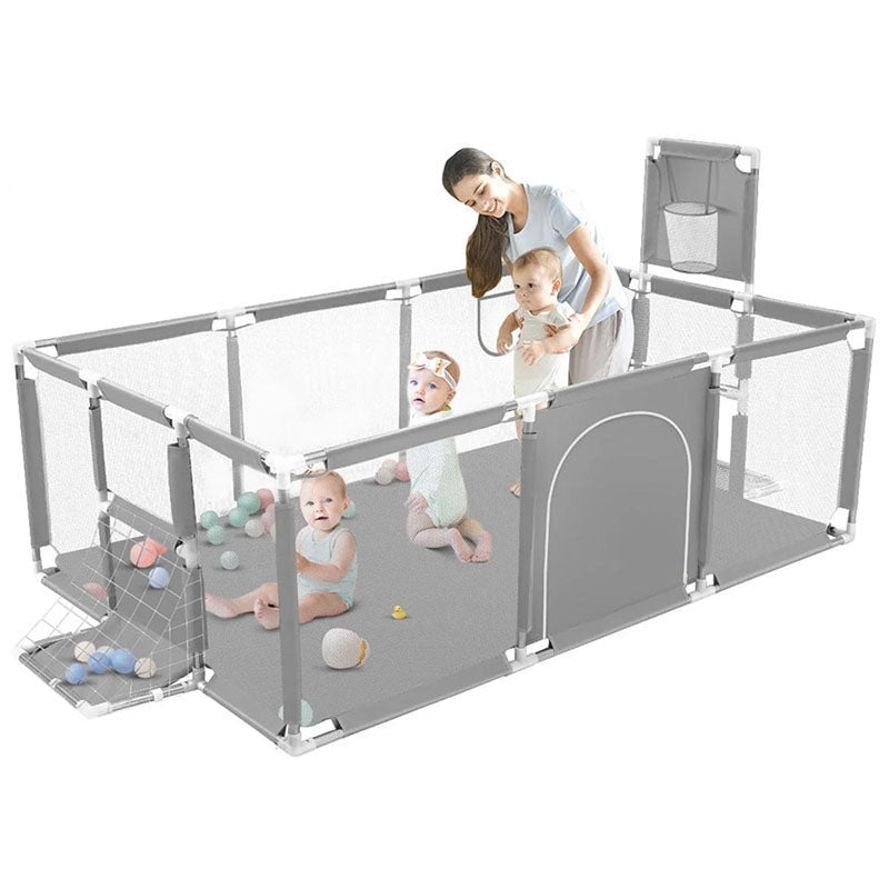 Portable playpen fence gate showing grey mesh sides and steel frame
