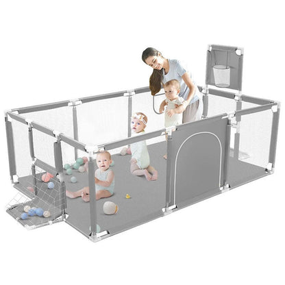 Portable playpen fence gate showing grey mesh sides and steel frame