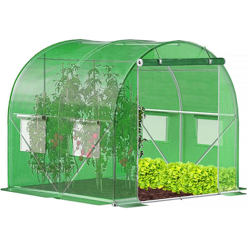 Walk in greenhouse front view with green polyethylene cover