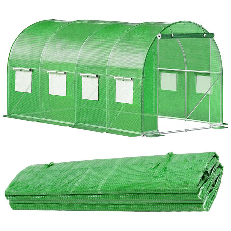 Walk in greenhouse front view with green polyethylene cover
