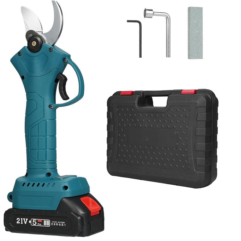 Cordless electric branch scissors showing sharp SK5 blades