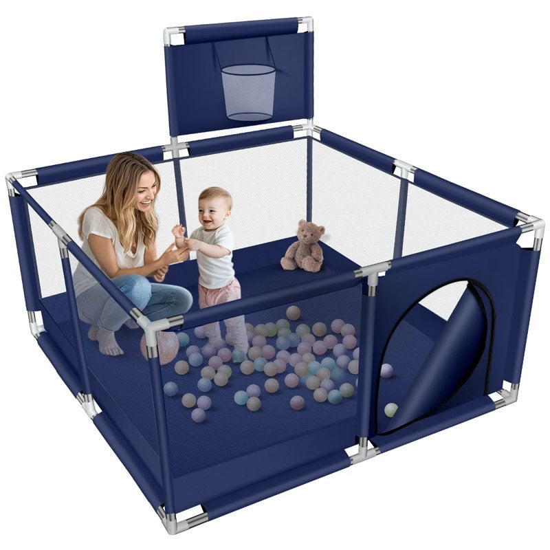 Portable playpen fence gate showing blue nylon fabric and mesh