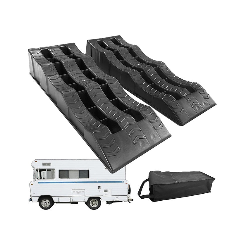 RV leveling blocks showing black polypropylene material close up