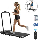 Foldable walking pad treadmill side view showing slim grey frame