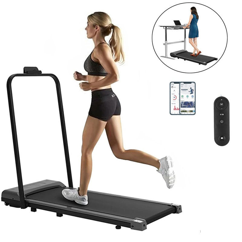 Foldable walking pad treadmill side view showing grey frame