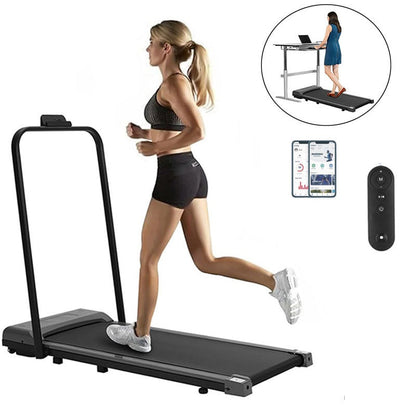 Foldable walking pad treadmill side view showing grey frame