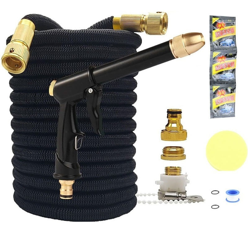 Expandable flexible garden hose 100ft showing full length in garden