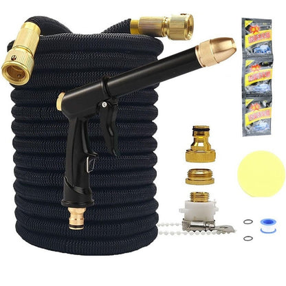 Expandable flexible garden hose 100ft showing full length in garden
