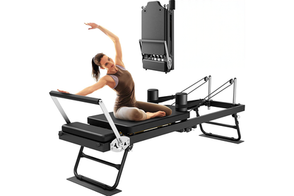 Close up of Pilates reformer machine metal frame and footrest