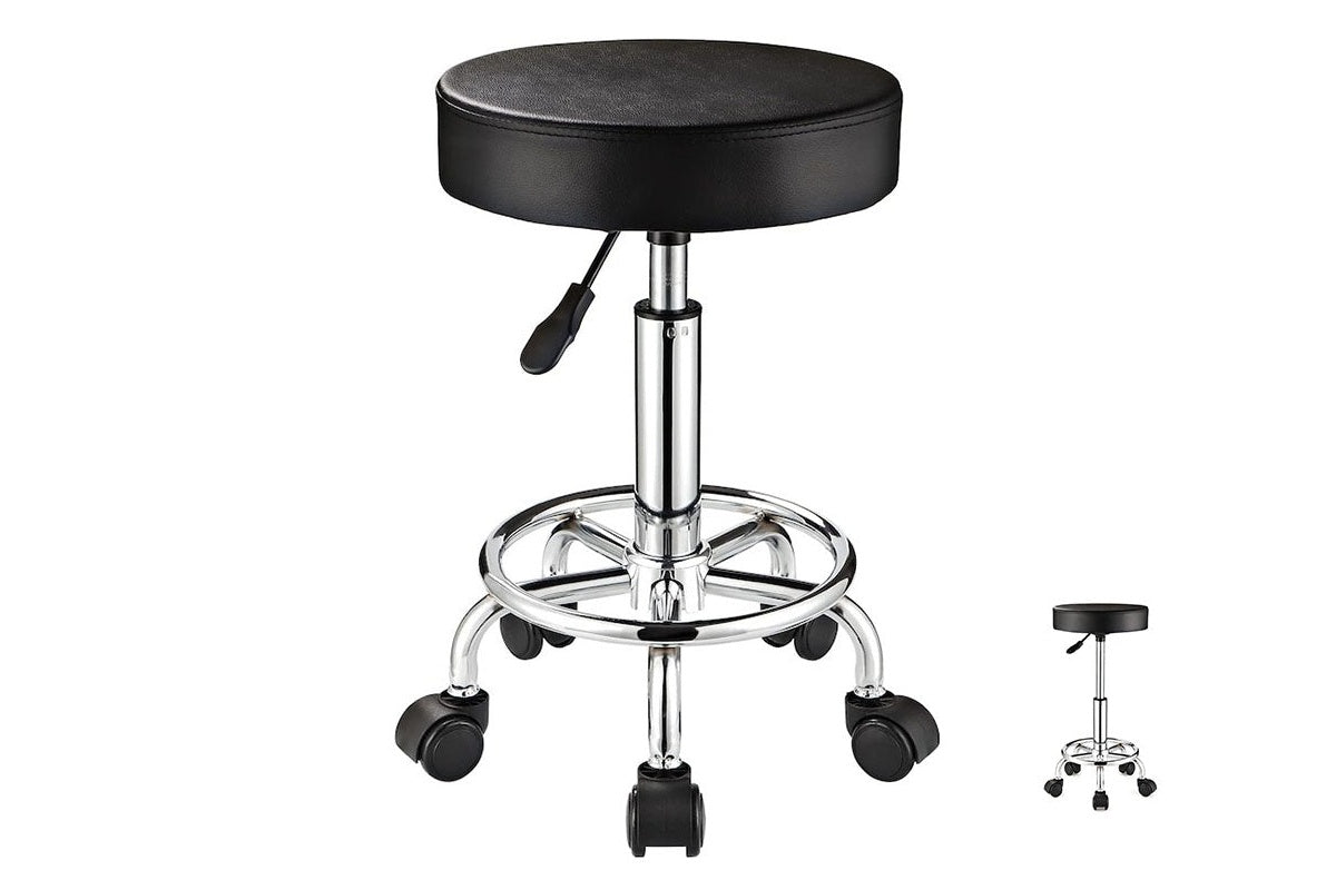 Side angle of adjustable salon stool with height control lever