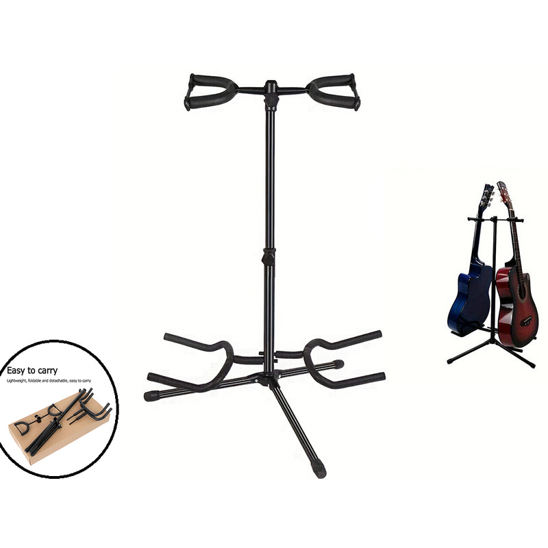 Double head foldable guitar stand showing full black metal frame