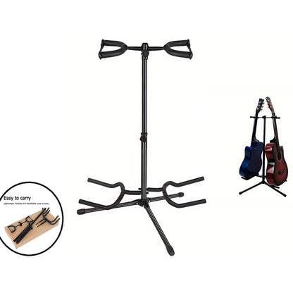 Double head foldable guitar stand showing full black metal frame