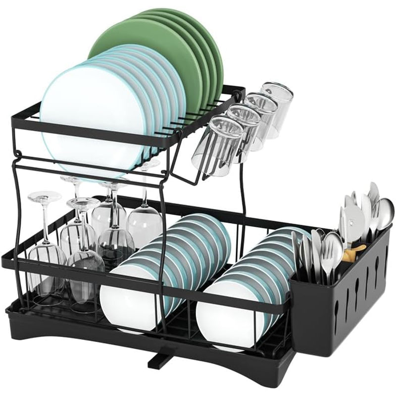 Dish drying rack side view showing two tiers and black finish