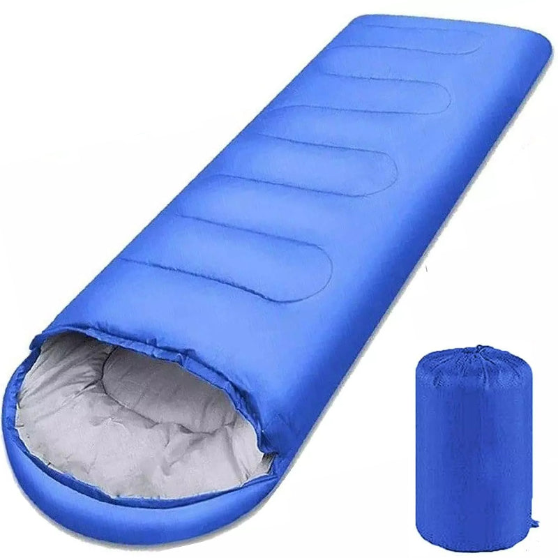 Waterproof sleeping bag camping blue colour full length view