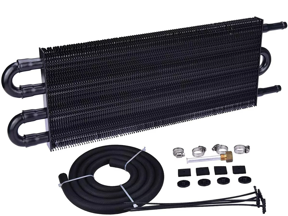 Side view of universal 4 rows oil cooler radiator with inlet and outlet ports