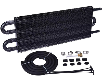 Side view of universal 4 rows oil cooler radiator with inlet and outlet ports