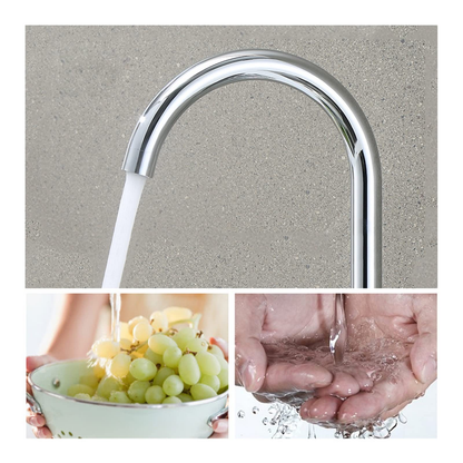 Kitchen mixer tap spout reach and height dimensions displayed