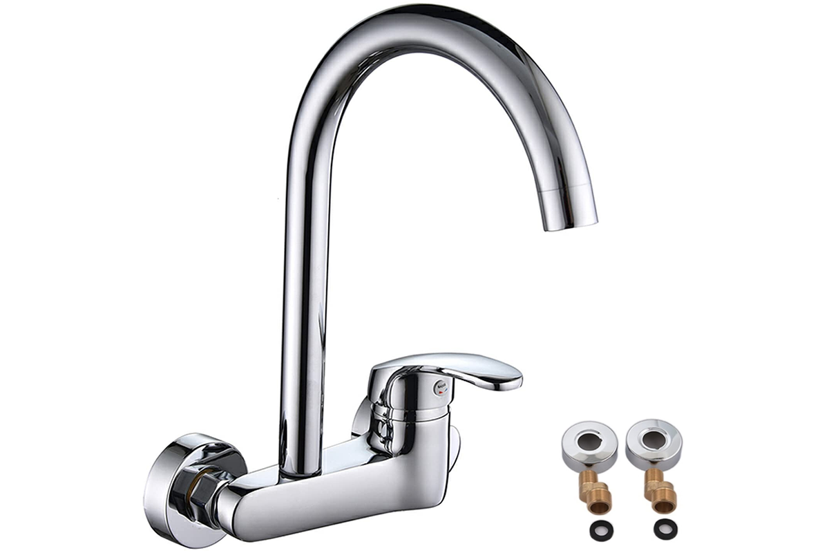 Close up of kitchen mixer tap ergonomic handle in chrome