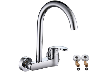 Close up of kitchen mixer tap ergonomic handle in chrome