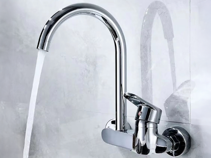 Kitchen mixer tap spout reach and height dimensions displayed