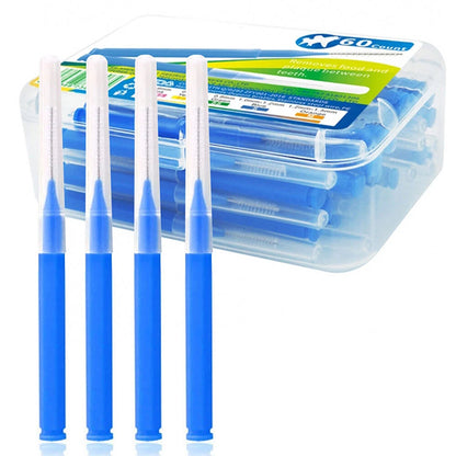 Interdental brush toothpick close up showing blue handle