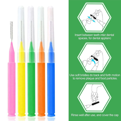 Interdental brush toothpick showing flexible bristles and wire core