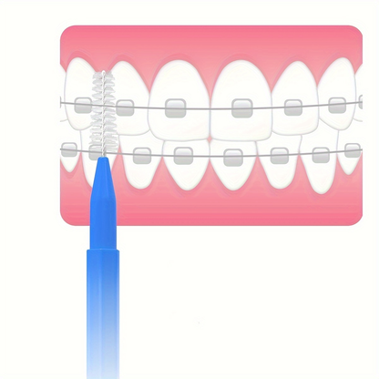 Interdental brush toothpick inserted between teeth for cleaning