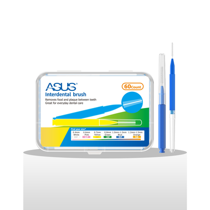 Blue interdental brush toothpick with ergonomic grip handle