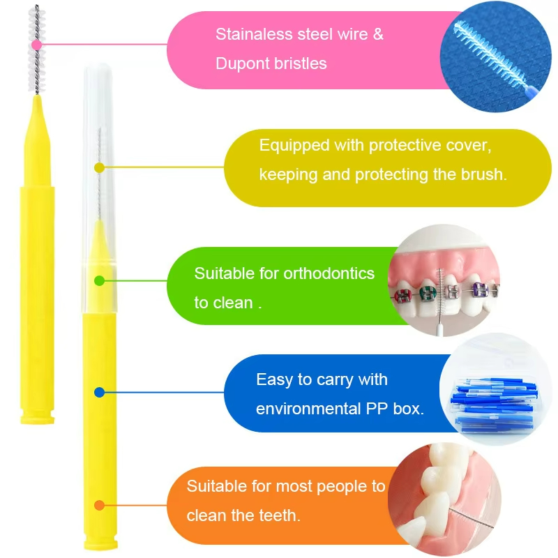 Interdental brush toothpick showing flexible bristles and wire core
