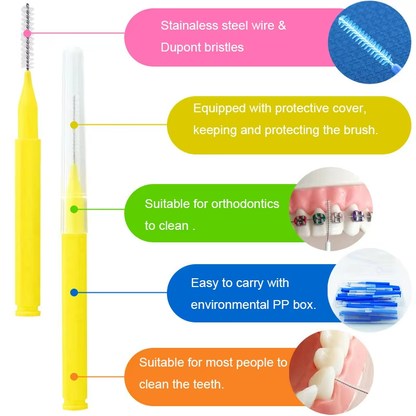 Interdental brush toothpick showing flexible bristles and wire core