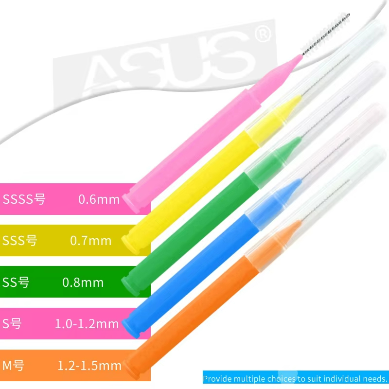 Interdental brush toothpick showing flexible bristles and wire core