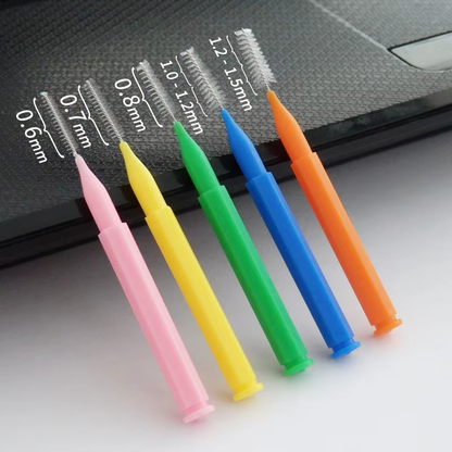 Interdental brush toothpick showing flexible bristles and wire core