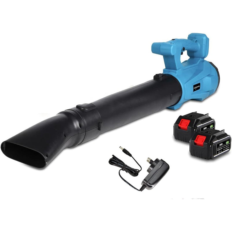 Cordless leaf blower blue side view showing ergonomic handle