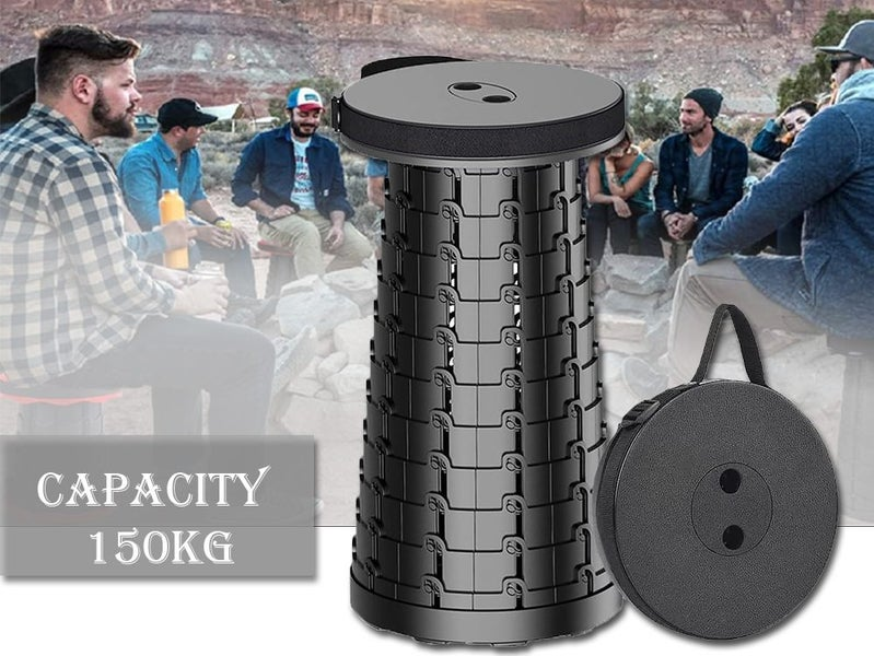 Folding telescopic stool used outdoors on grass for camping