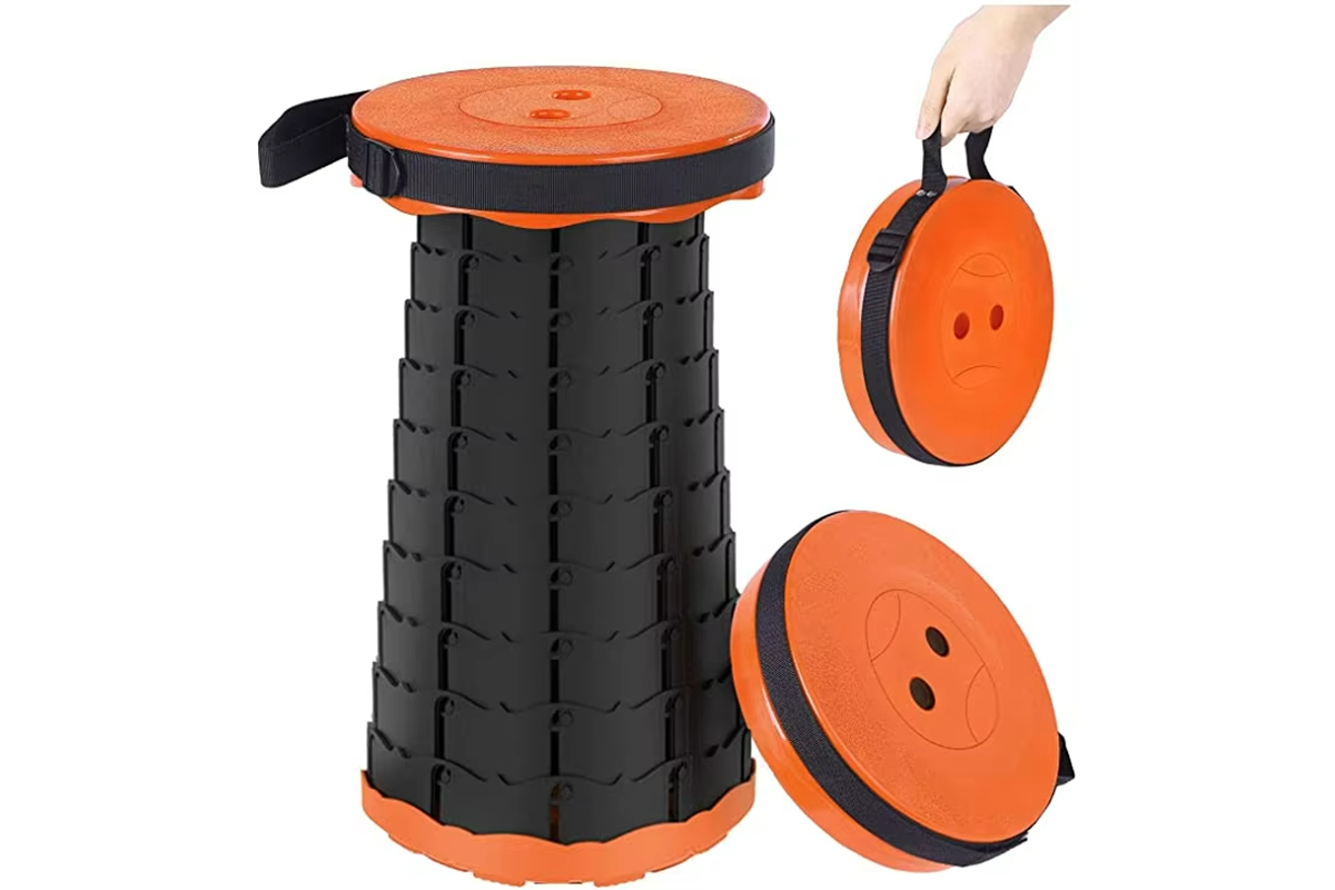 Compact folded telescopic portable folding stool in orange