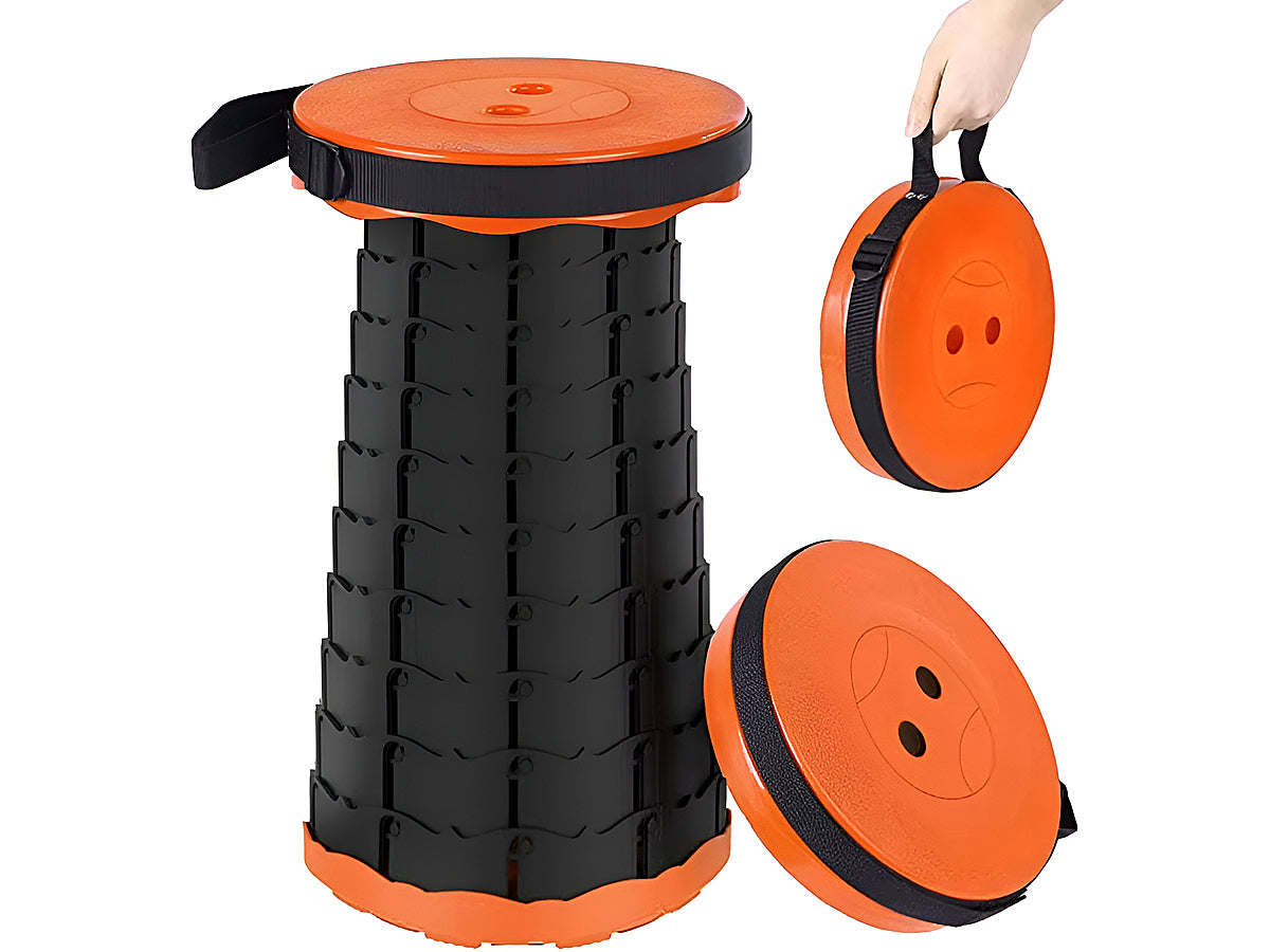 Telescopic portable folding stool orange used indoors in kitchen