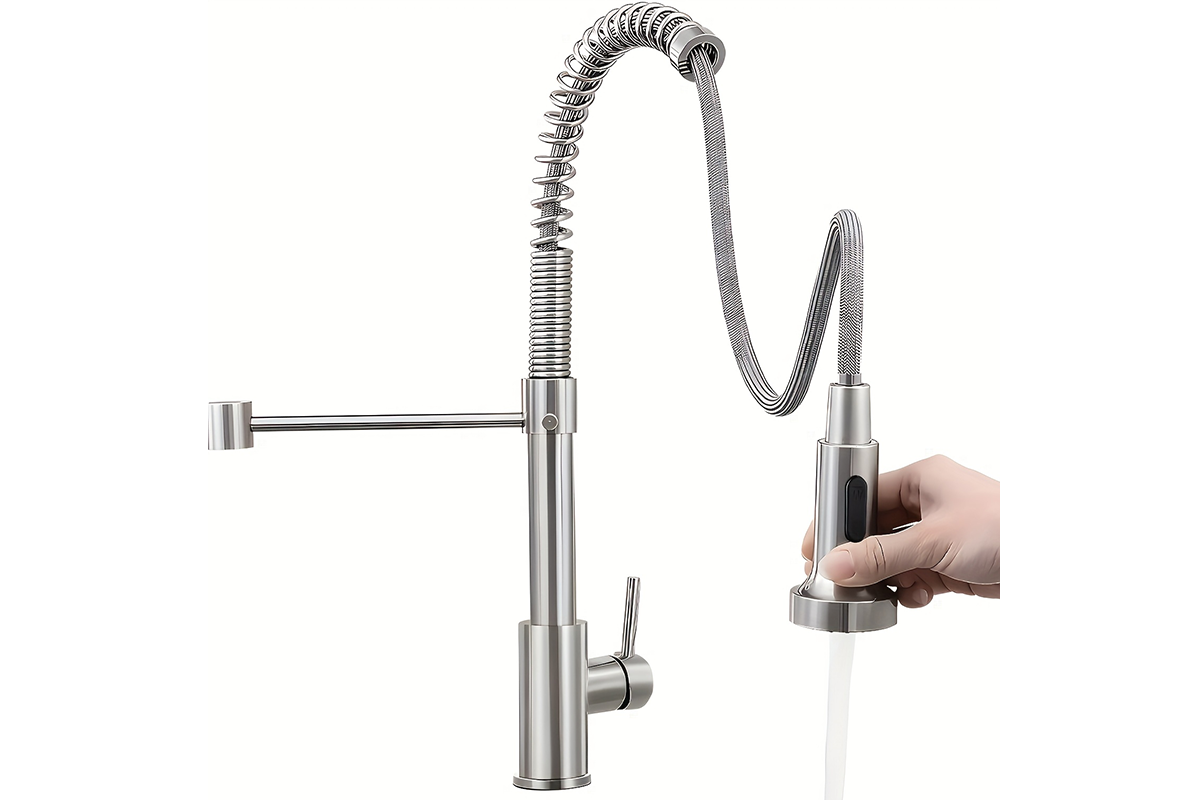 Side view of kitchen mixer tap with pullout nozzle extended