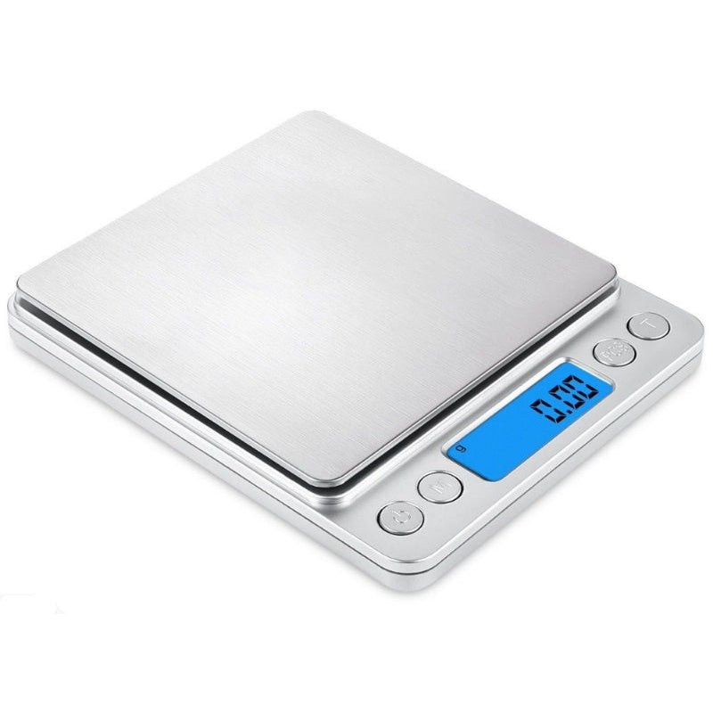 Digital kitchen scale showing stainless steel platform close up