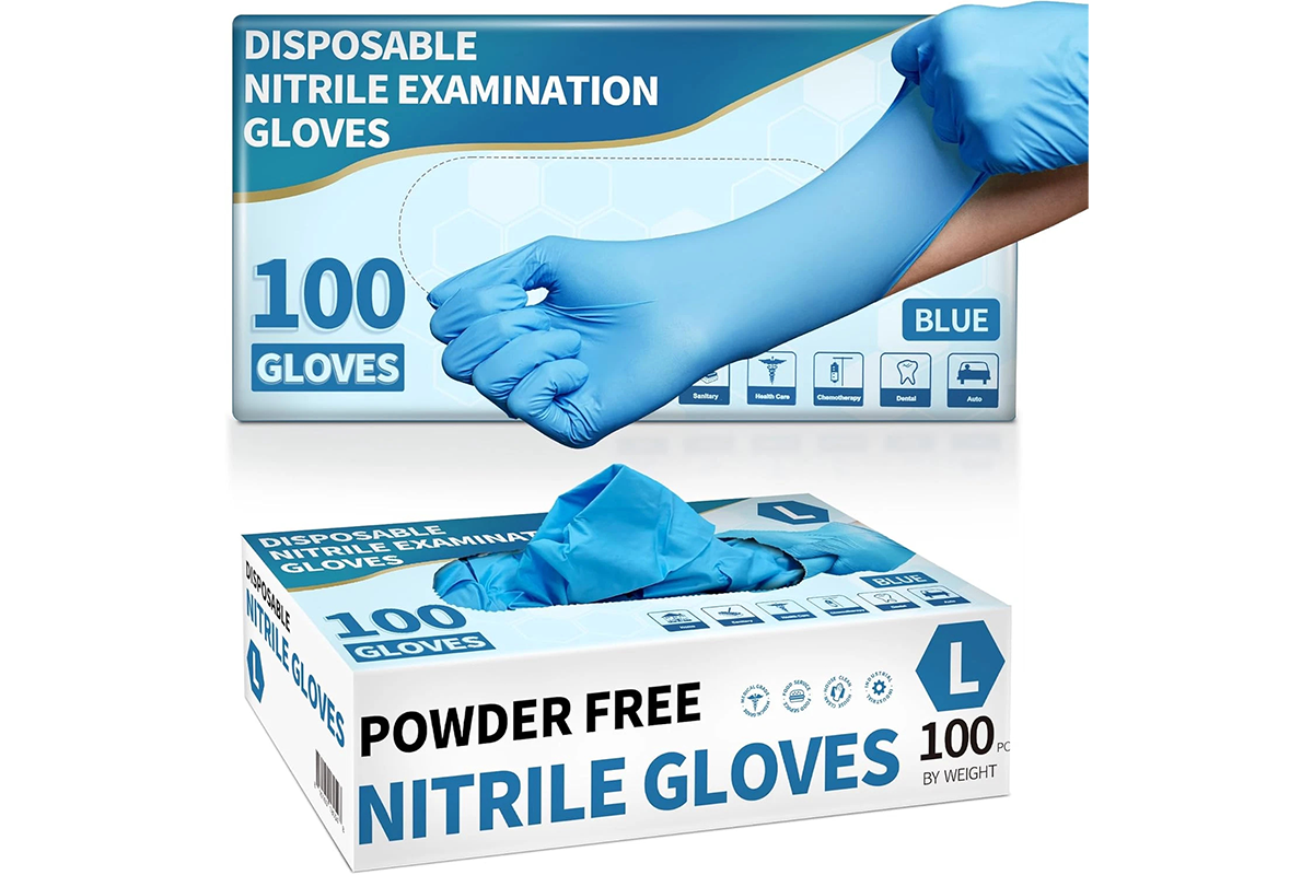 Disposable nitrile gloves medium size on hand for food prep